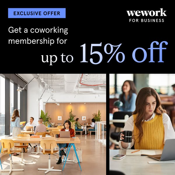 This ad promotes WeWork coworking memberships with an exclusive discount offer. The ad features split images of an offic
