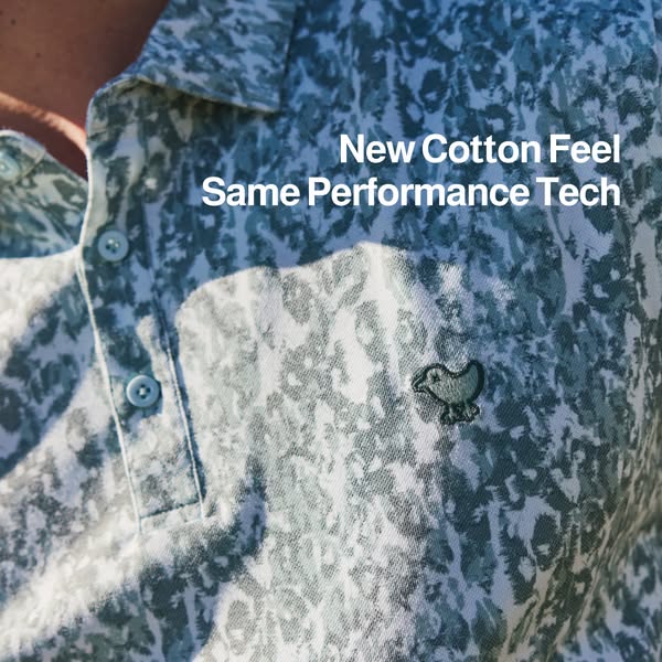 This image ad for a men's polo shirt features the product up close and highlights the performance material with a co