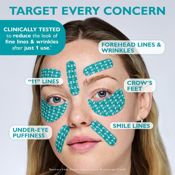 This ad highlights the PTR brand patches with the benefits of targeting fine lines and wrinkles after just one use.