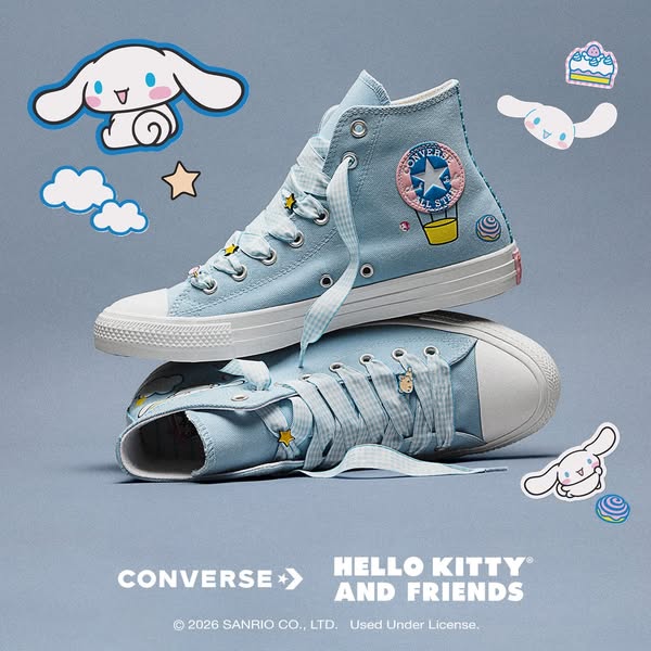 This image is a product presentation of Converse shoes in collaboration with Hello Kitty and Friends. The image features