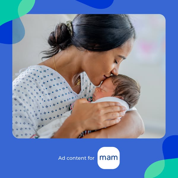 This image ad for MAM depicts a mother holding and kissing her newborn baby. The ad emphasizes the brand's content c