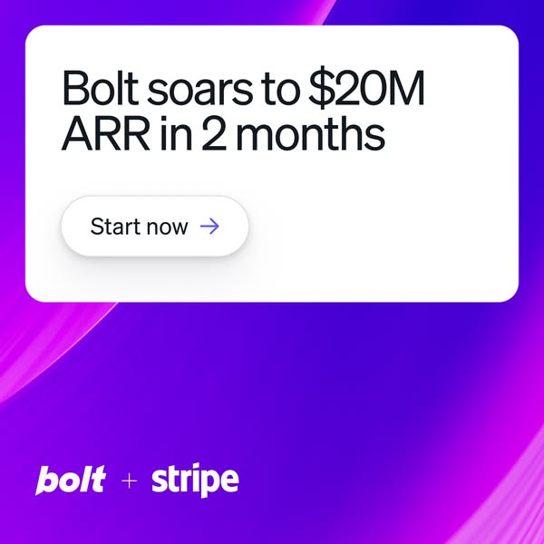 This ad for Bolt highlights the company's success by stating that it has reached $20M ARR in 2 months. The ad featur