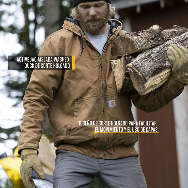 This ad for Carhartt workwear features a man in an insulated jacket carrying wood and lists the jacket's loose fit a