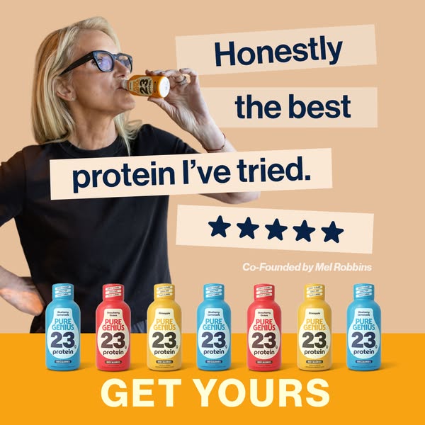 An image ad for Pure Genius protein drinks featuring Mel Robbins with a quote saying that it's the best protein she&