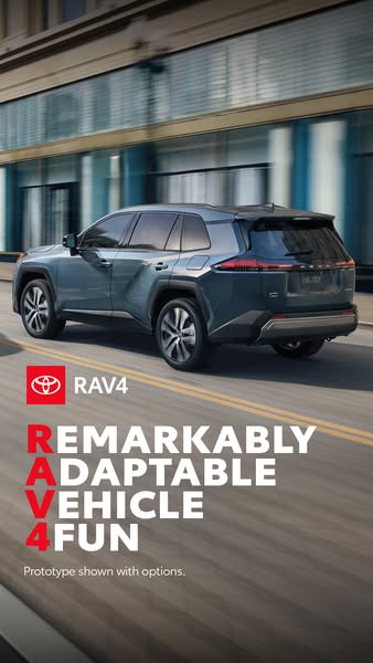 The ad shows a blue RAV4 vehicle driving down a street with office buildings on the left, accompanied by the words &quot