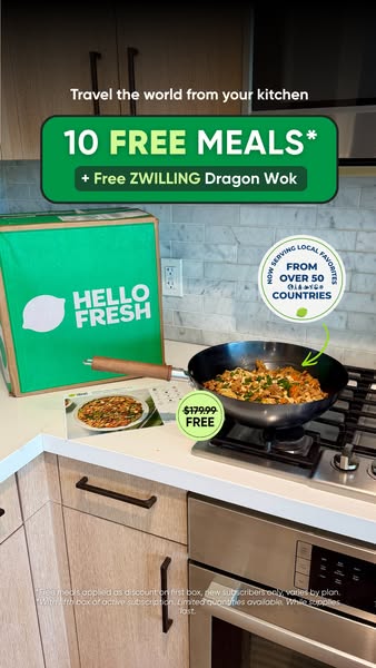 This ad showcases a HelloFresh meal kit box next to a cooked meal, with a wok pan on the stove. The ad highlights an off