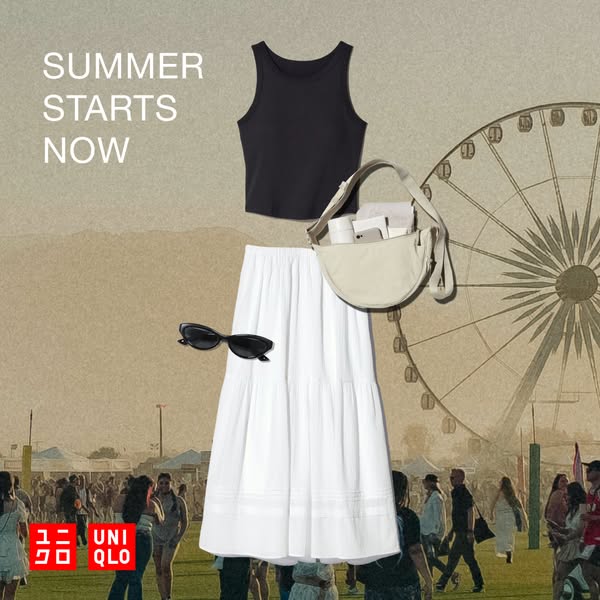 This ad for Uniqlo features clothing items that can be worn during the summer. The items are layered above a photo of an