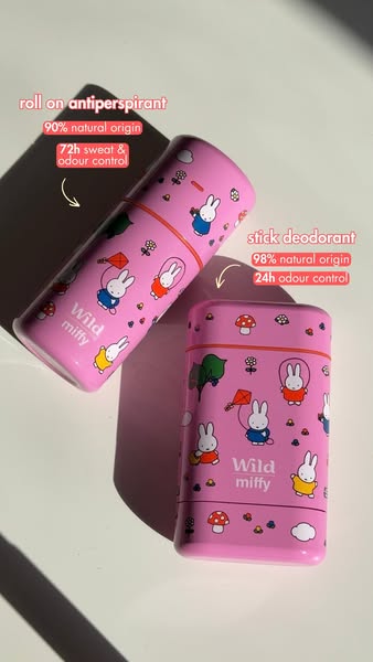 This ad compares a roll-on antiperspirant and stick deodorant from the brand Wild Miffy. The ad highlights the natural o