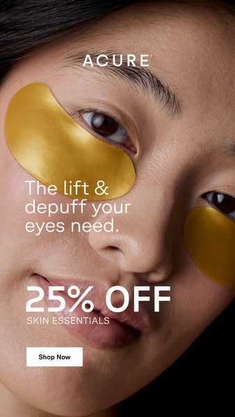 This image ad from ACURE promotes their under eye patches as a solution to lift and depuff eyes, with an offer of 25% of