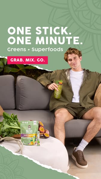 This ad features a man relaxing on an outdoor sofa while holding a glass of a green drink made from a powdered mix. The 