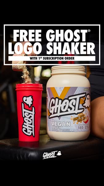 The ad promotes Ghost Vegan Protein and offers a free Ghost logo shaker with the first subscription order.