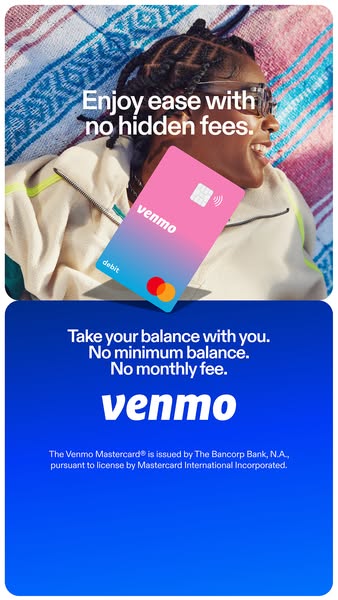 This ad for the Venmo debit card features a split-screen design. The top half shows a woman relaxing outdoors with the c