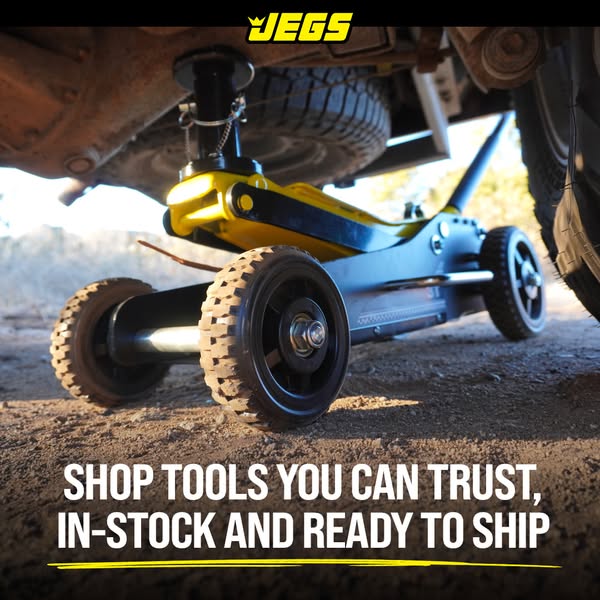 This ad for JEGS features one of the brand's floor jacks underneath the rear axle of a vehicle. The ad promotes the 
