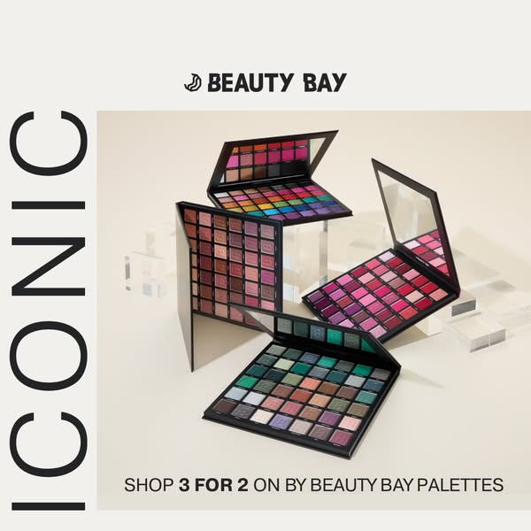 This image ad promotes the Beauty Bay brand. It showcases the Beauty Bay eyeshadow palettes in an aesthetic arrangement 