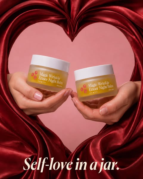 An image ad for PROYE Magic Wrinkle Eraser Night Balm. Two jars are displayed in a heart shape created by the hands hold