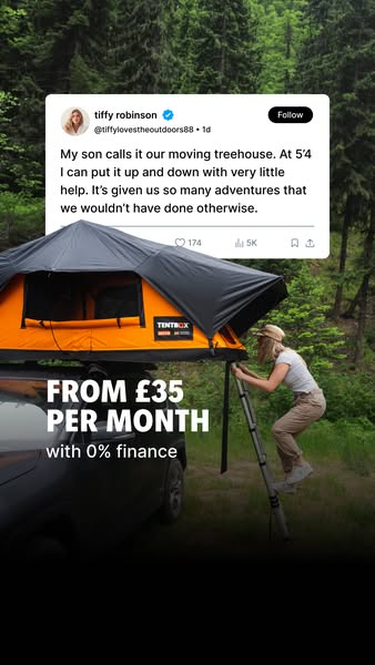 This ad uses a screenshot of a testimonial from a user about a roof top tent. The user says that they can put the tent u