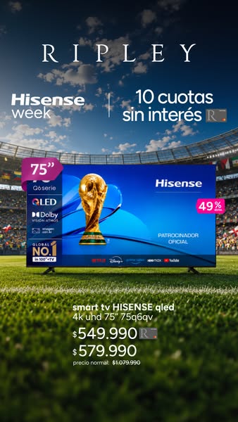 This ad promotes a smart TV HISENSE qled 4k uhd 75" 75q6qv. The ad highlights the product features with the Fifa Wo