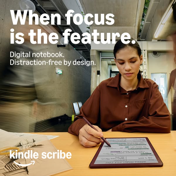 An advertisement for the Kindle Scribe that promotes it as a distraction-free digital notebook.