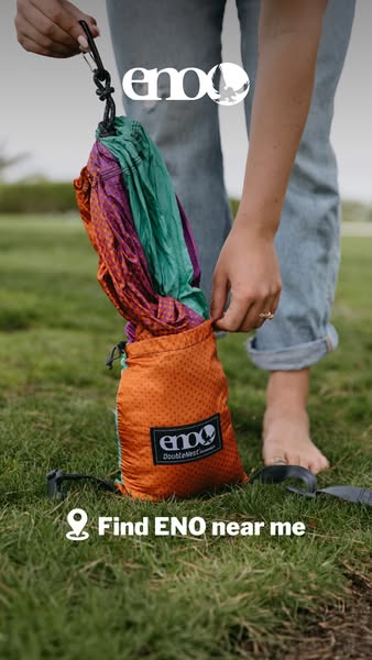 This ad shows an ENO DoubleNest Hammock being placed inside its stuff sack. The ad promotes the idea of finding an ENO h