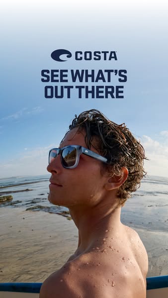A close up shot of a person on the beach wearing Costa sunglasses. The text in the ad invites viewers to "See what&