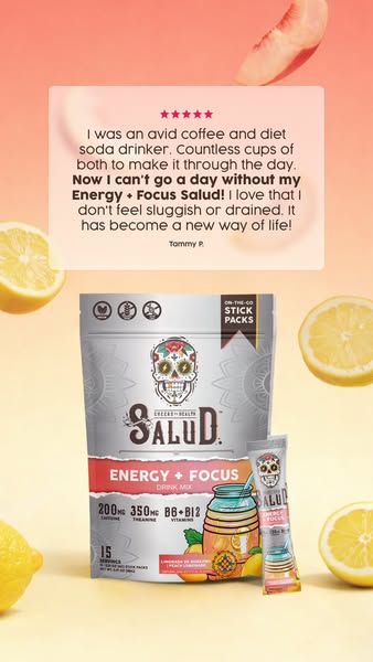 This image ad features a glowing review from a Salud customer, surrounded by fresh lemons and peaches. The ad emphasizes