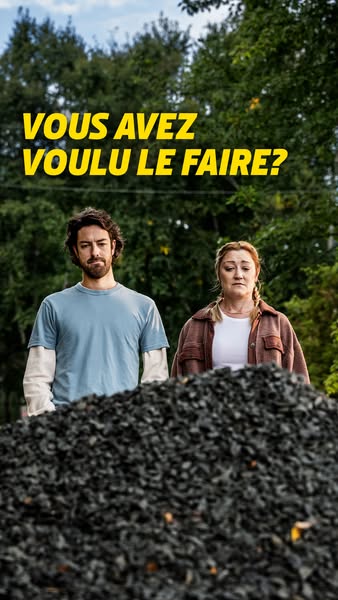This ad features a couple standing in front of a pile of black mulch, looking at the viewer and asking if they really wa