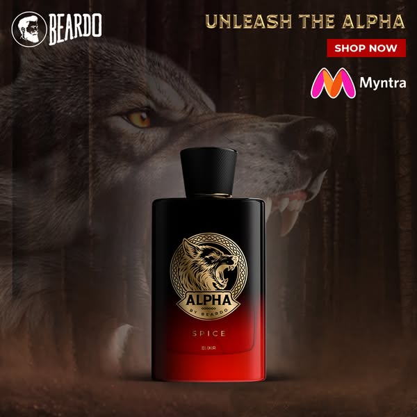 This ad promotes Beardo's Alpha Spice Elixir, positioning it as a way to 'Unleash the Alpha'. The ad uses bo