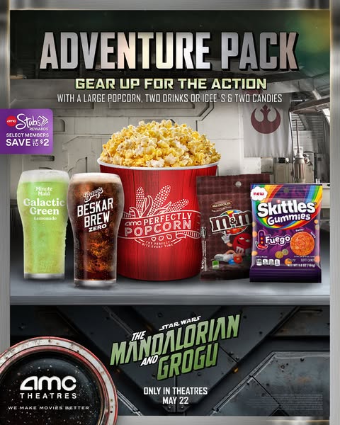 This image ad promotes the AMC Theatres Adventure Pack featuring a large popcorn, two drinks, and two candies, as well a