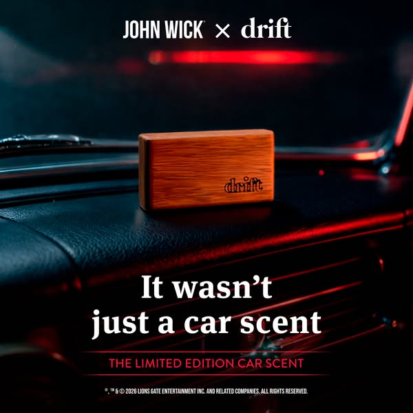 This ad promotes a limited edition car scent collaboration between John Wick and Drift. The ad features the wooden air f