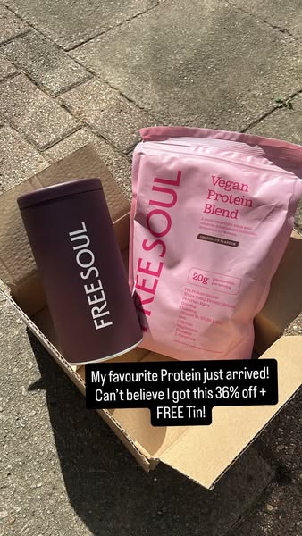 An image ad for Free Soul promotes their vegan protein blend with a limited-time offer that includes 36% off and a free 