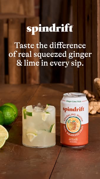 This ad for Spindrift sparkling water highlights their Ginger Lime Mule flavor with a close-up shot of a can, a glass of