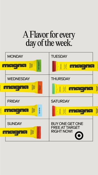 A grid ad promoting Magna energy recovery gels, available in seven different flavors, one for each day of the week and o