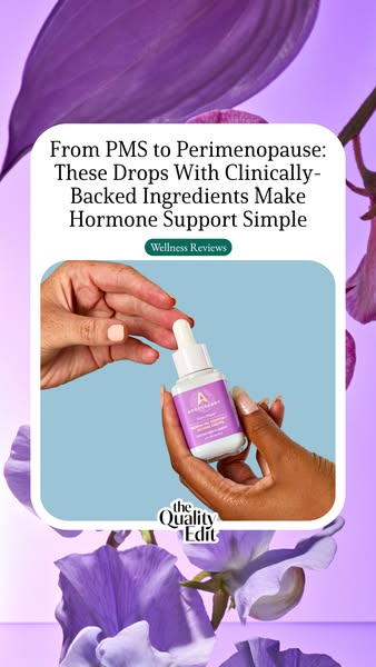This ad features a woman holding a bottle of hormone support drops. The text says that these drops with clinically backe