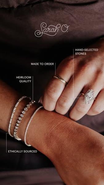 Close-up image ad for Sarah O. jewelry, calling out ethical sourcing, heirloom quality, made-to-order options, and hand-