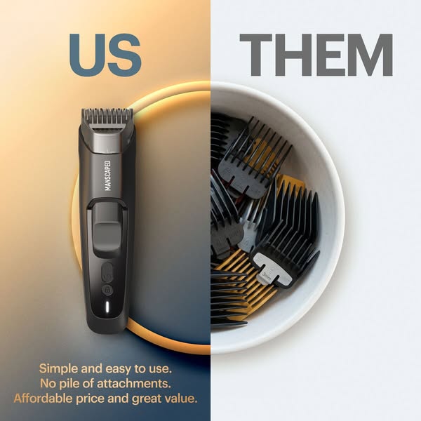 This ad uses a 'vs.' approach to demonstrate the value and simplicity of MANSCAPED's single-unit electric tr