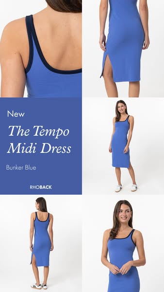This ad features RhoBack's Tempo Midi Dress in Bunker Blue. It showcases the dress from multiple angles on a model a