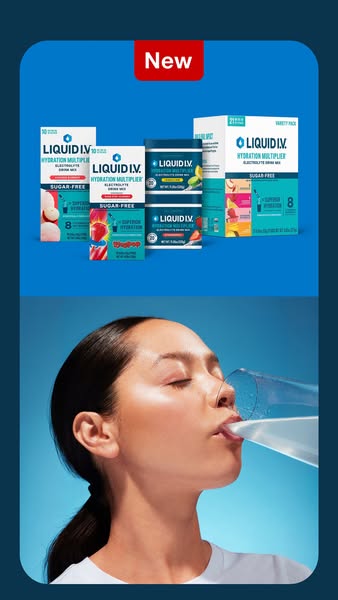 This ad for Liquid I.V. shows a woman drinking a glass of the product to showcase hydration.