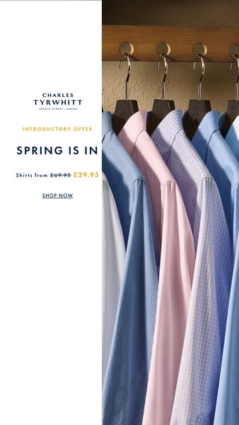 This image ad for Charles Tyrwhitt promotes their shirts at a discounted price for Spring.