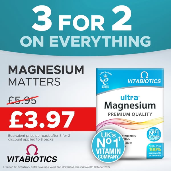 This image ad for Vitabiotics promotes a "3 for 2" deal on their Ultra Magnesium supplement, emphasizing its p