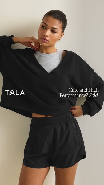 This image ad for TALA features a woman modeling the brand's activewear set. The ad uses the text "Cute and Hig