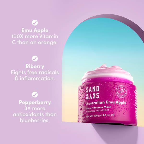 This ad highlights the benefits of Sand & Sky's Australian Emu Apple Super Bounce Mask. The ad lists the natural