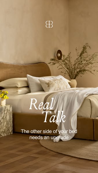 An image ad for bedding and home goods focuses on the need to upgrade your bed. The image shows a well-made bed with mul