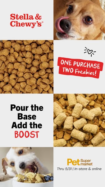 This is a promotional ad for Stella & Chewy's dog food available at Pet Supermarket. The ad visually breaks down