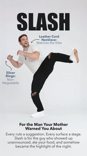 This ad features a man in an active pose wearing a leather cord necklace and silver rings to promote the brand Slash.