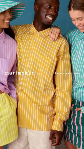 This ad showcases a collection of casual, brightly striped shirts from Marimekko's new arrivals, modeled by people s