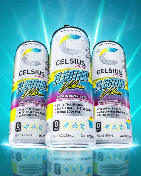 This ad features three cans of Celsius energy drink in the Electric Vibe flavor. The ad emphasizes the drink's benef