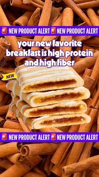 This image ad features a stack of pastries and promotes them as a high protein and high fiber breakfast option.