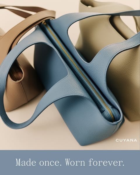 This image ad features a close-up of three Cuyana tote bags in different colors, emphasizing the brand's commitment 