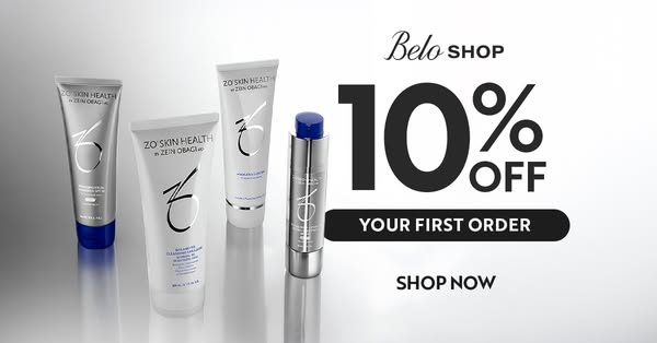 This image ad for Belo Shop promotes a discount of 10% off the customer's first order of Zo Skin Health products.