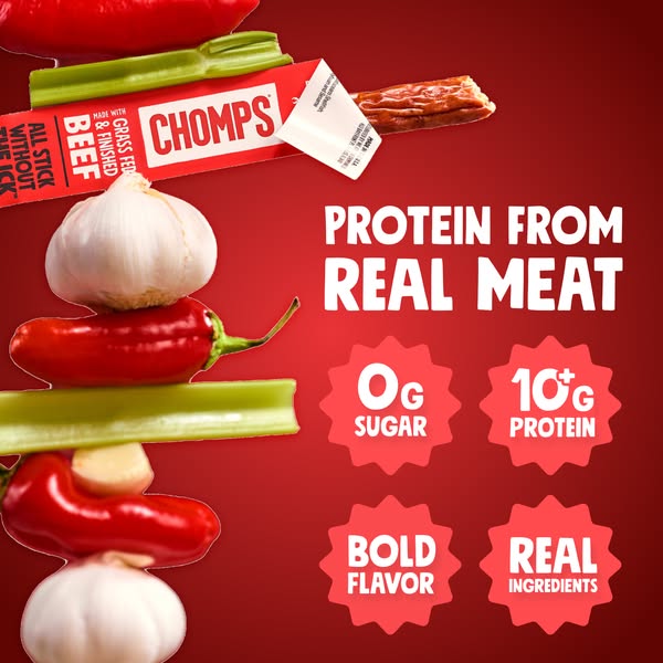 This ad for Chomps beef sticks highlights the product's nutritional value and flavor with a visually appealing arran